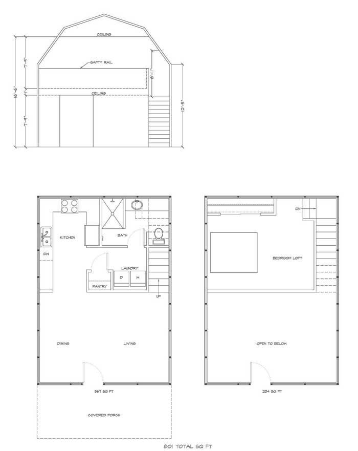 Gambrel house kit with sleeping loft