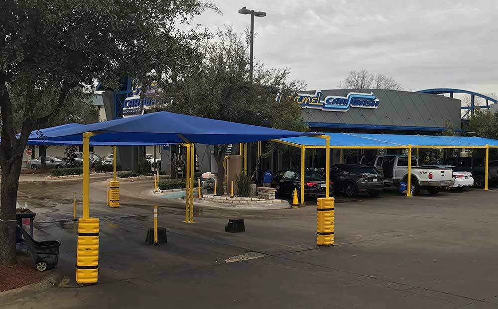 The SofTop being used as a covered exit point. Covered shade canopy for drying and detailing car wash customers' vehicles